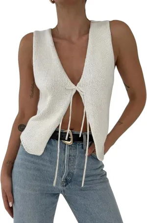 Women Tie Front Sweater Vest Top Sleeveless Y2k Knit V Neck Tank Tops Crochet Casual Going Out Tops Streetwear