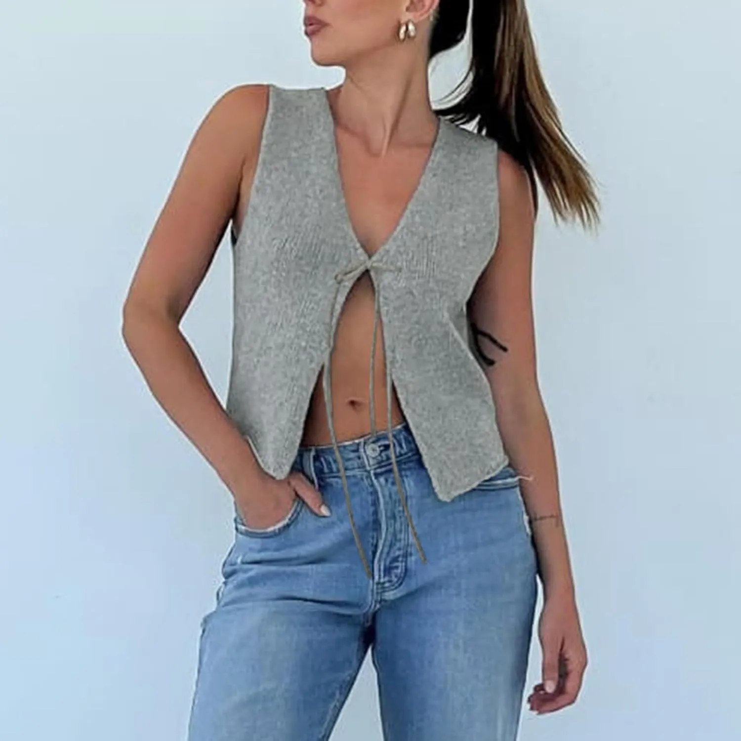 Women Tie Front Sweater Vest Top Sleeveless Y2k Knit V Neck Tank Tops Crochet Casual Going Out Tops Streetwear