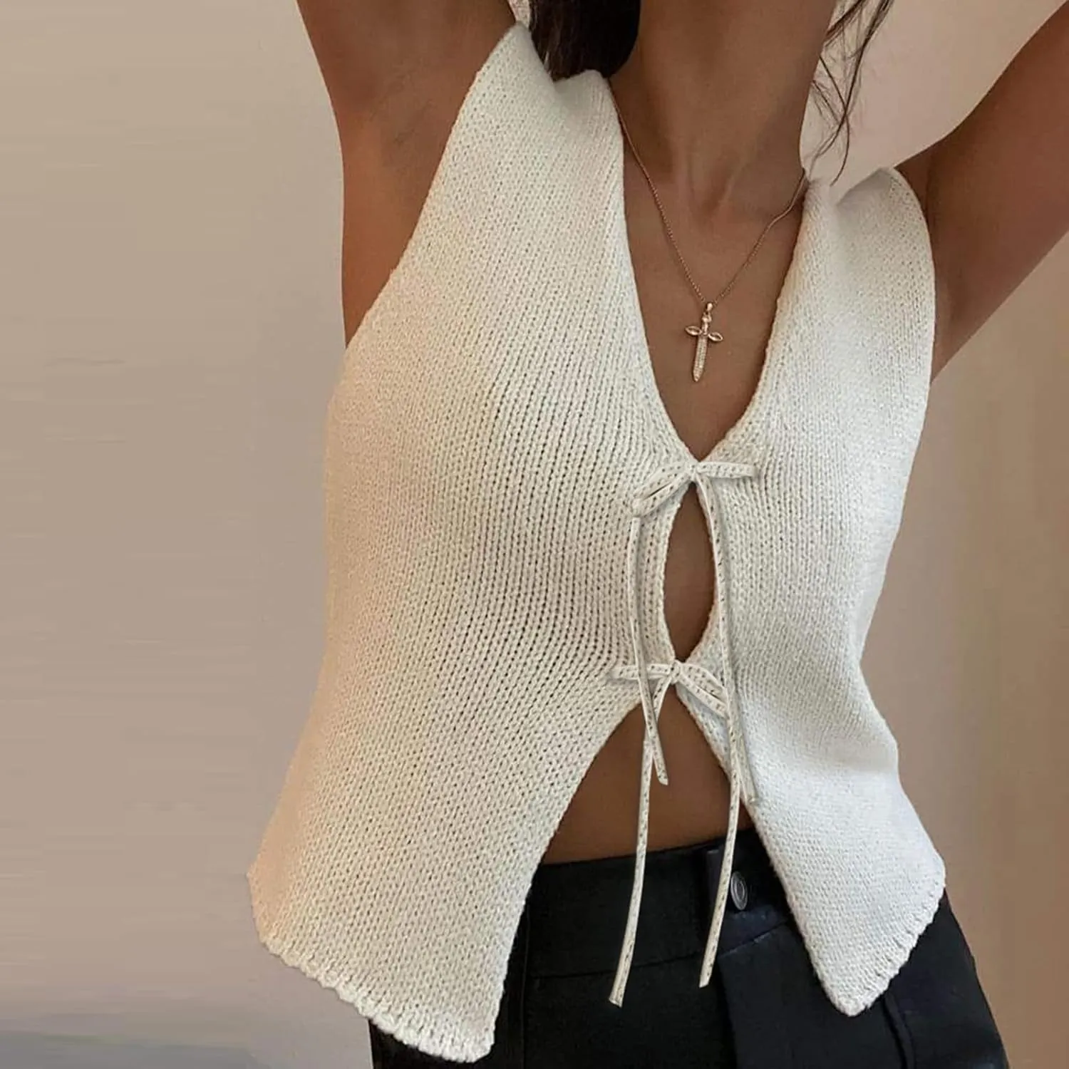 Women Tie Front Sweater Vest Top Sleeveless Y2k Knit V Neck Tank Tops Crochet Casual Going Out Tops Streetwear