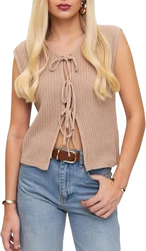 Women Tie Front Sweater Vest Top Sleeveless Y2k Knit V Neck Tank Tops Crochet Casual Going Out Tops Streetwear