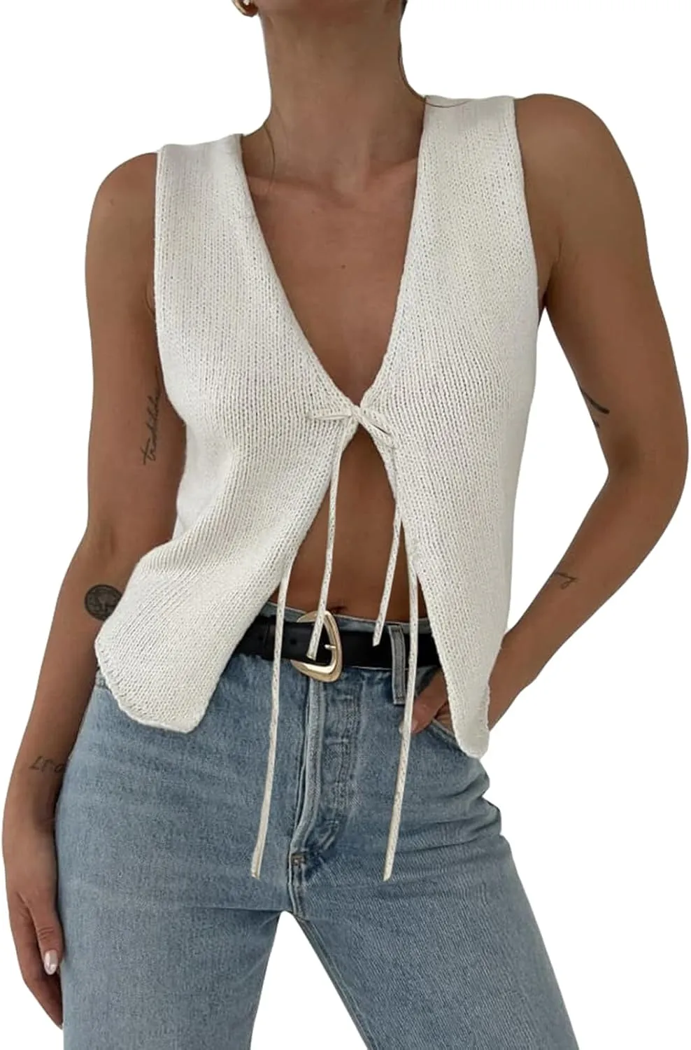 Women Tie Front Sweater Vest Top Sleeveless Y2k Knit V Neck Tank Tops Crochet Casual Going Out Tops Streetwear