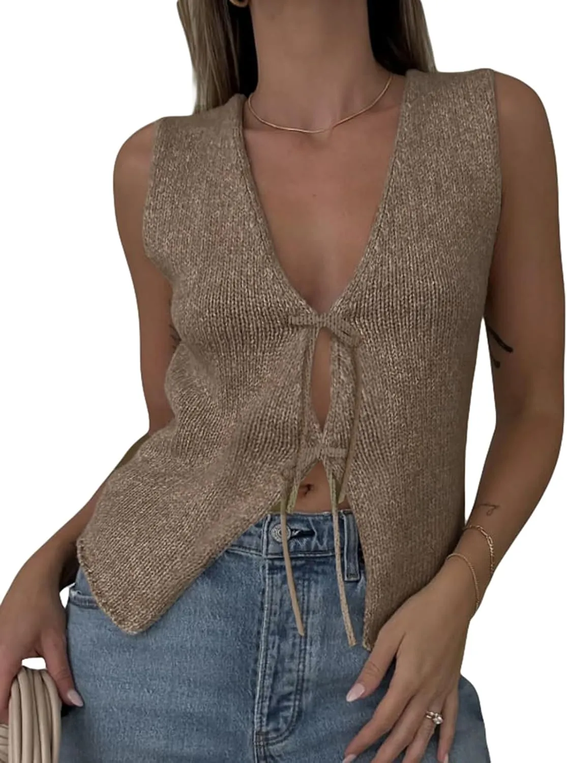 Women Tie Front Sweater Vest Top Sleeveless Y2k Knit V Neck Tank Tops Crochet Casual Going Out Tops Streetwear