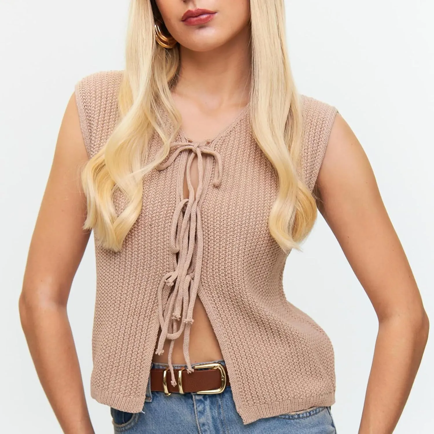 Women Tie Front Sweater Vest Top Sleeveless Y2k Knit V Neck Tank Tops Crochet Casual Going Out Tops Streetwear