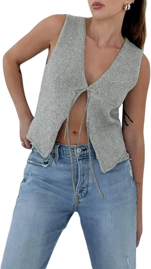 Women Tie Front Sweater Vest Top Sleeveless Y2k Knit V Neck Tank Tops Crochet Casual Going Out Tops Streetwear