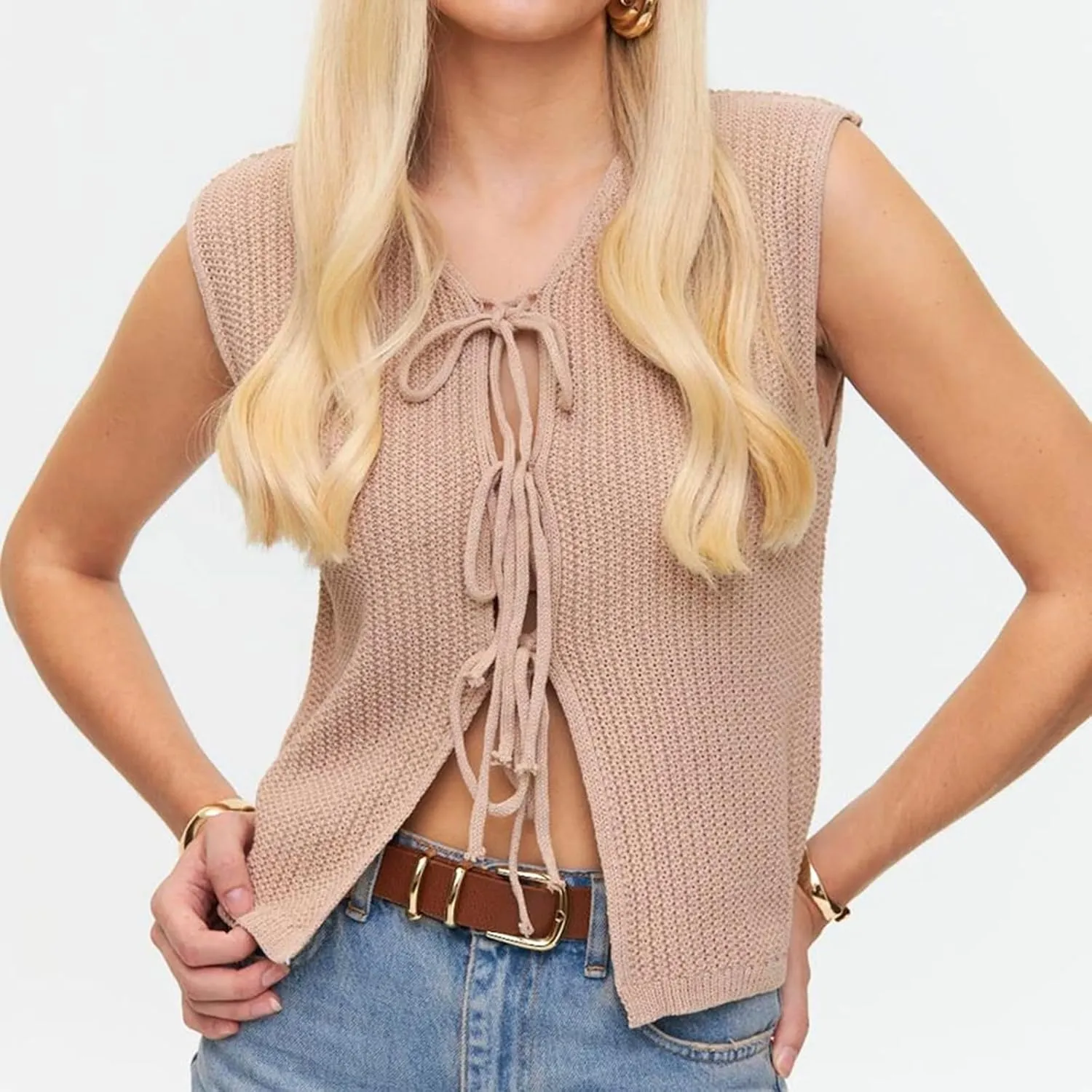 Women Tie Front Sweater Vest Top Sleeveless Y2k Knit V Neck Tank Tops Crochet Casual Going Out Tops Streetwear