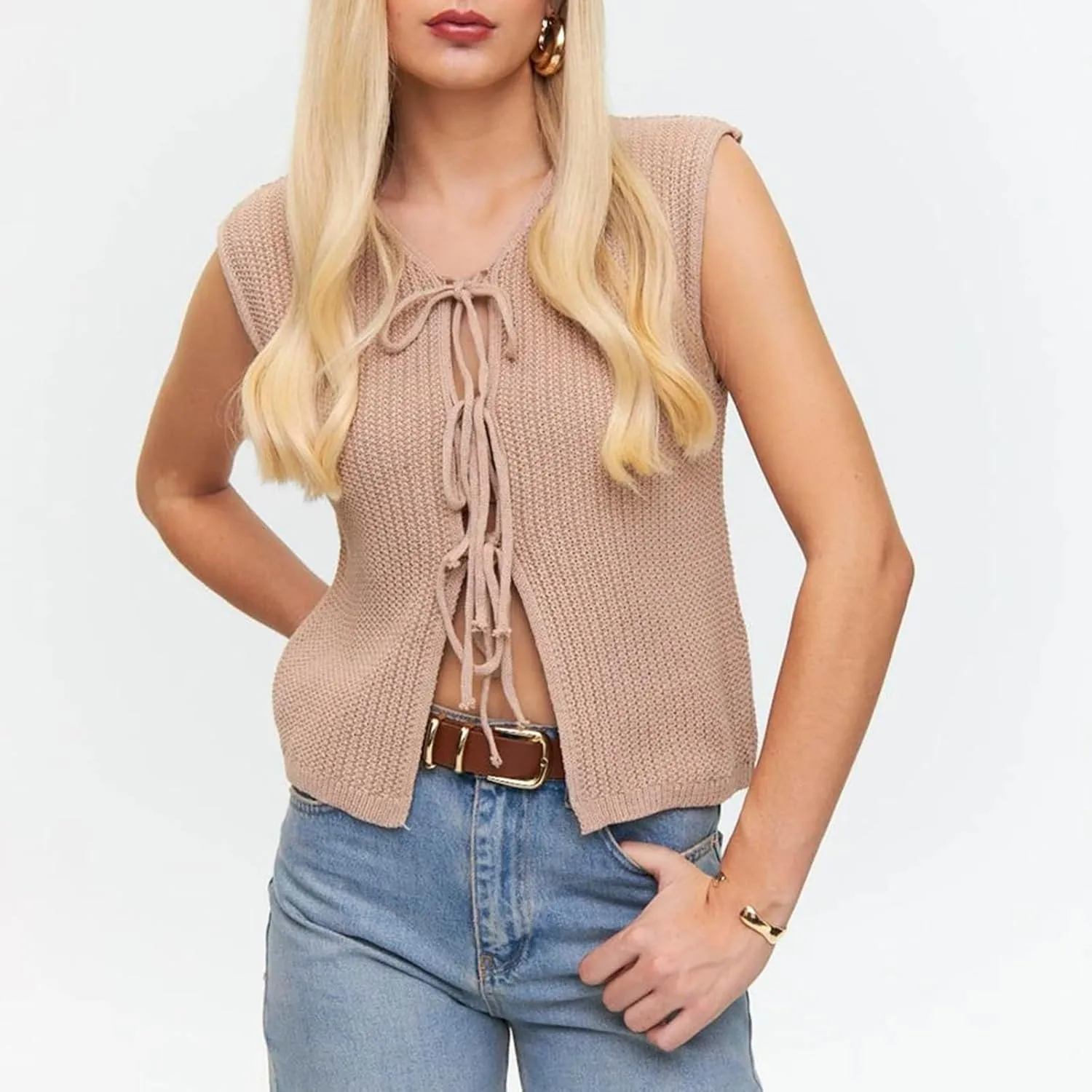 Women Tie Front Sweater Vest Top Sleeveless Y2k Knit V Neck Tank Tops Crochet Casual Going Out Tops Streetwear