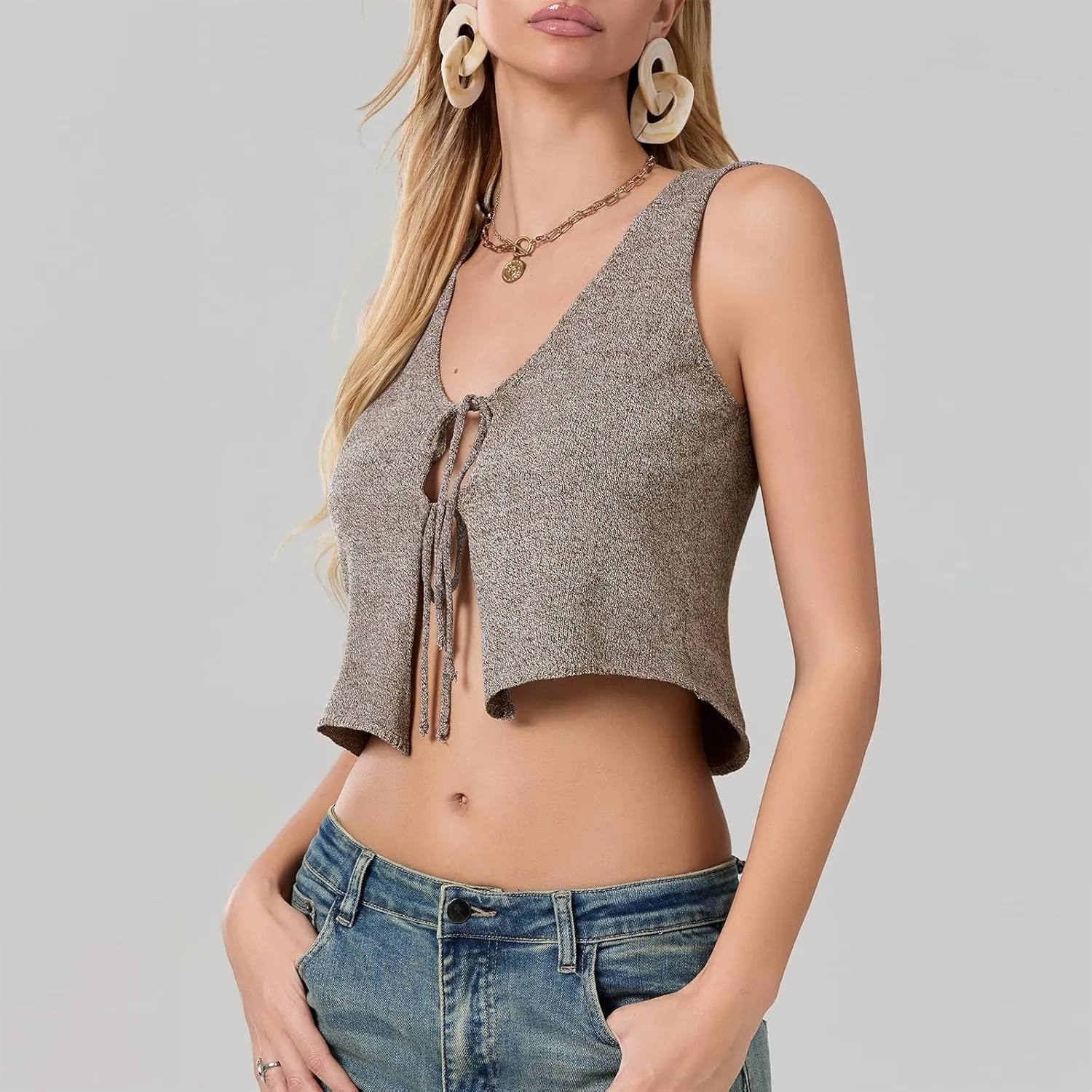 Women Tie Front Sweater Vest Top Sleeveless Y2k Knit V Neck Tank Tops Crochet Casual Going Out Tops Streetwear