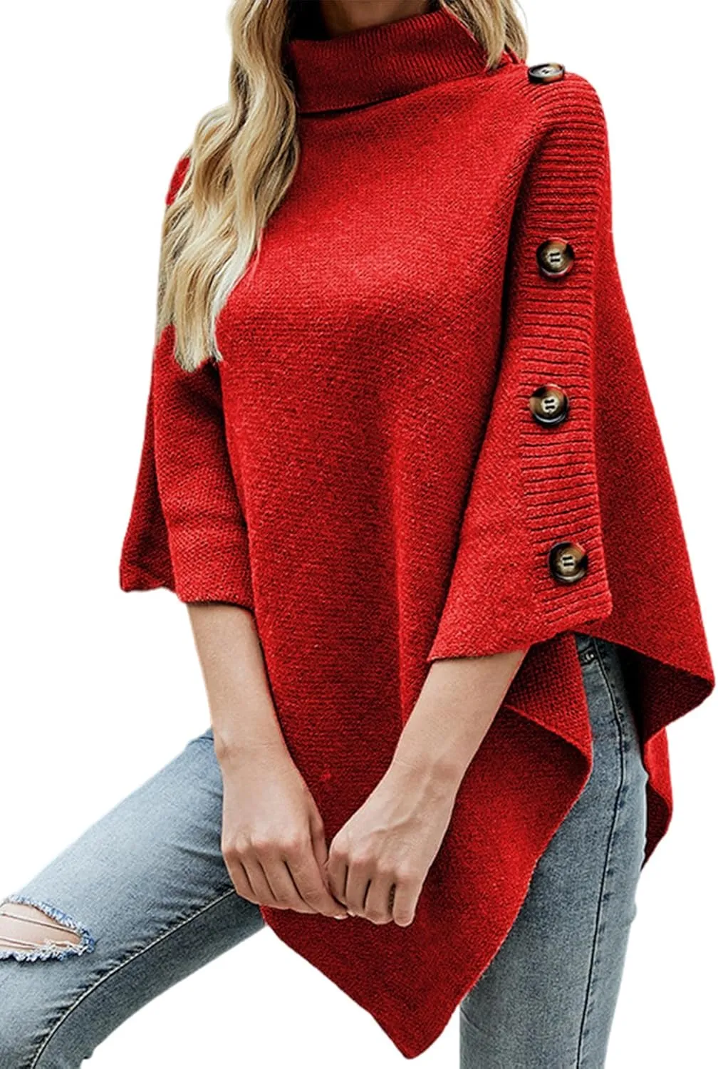 Women Turtleneck Knit Sweater, Fall Winter Turtleneck Poncho Sweater Fashion Chunky Knit Cape Wrap, Asymmetric Knitted