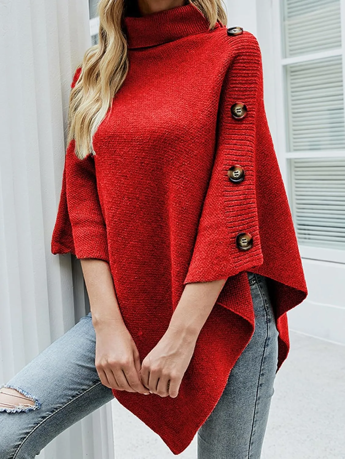 Women Turtleneck Knit Sweater, Fall Winter Turtleneck Poncho Sweater Fashion Chunky Knit Cape Wrap, Asymmetric Knitted