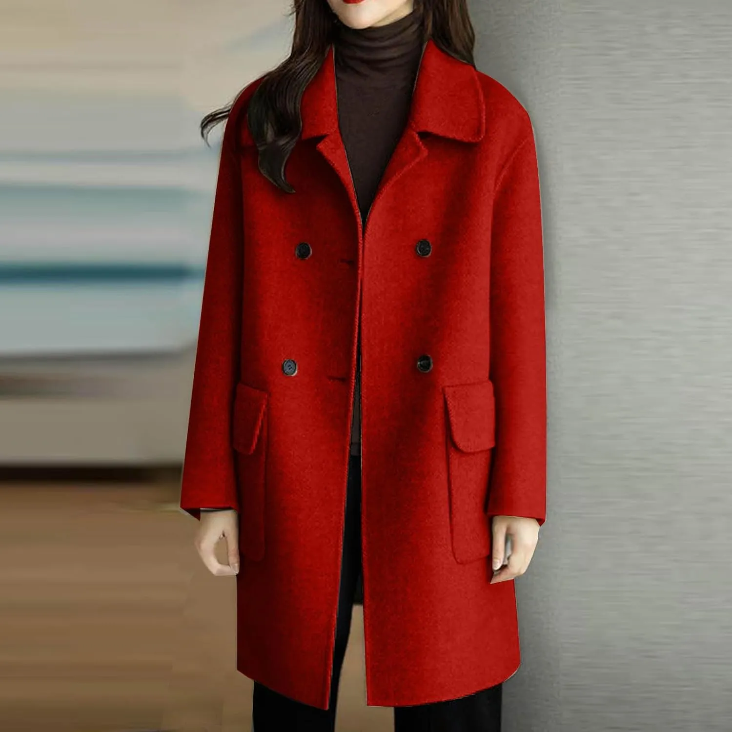 Women Winter Wool Coat with Pocket,Button Lapel Oversized Trench Coats Mid Length Chic Peacoat Windbreaker Jacket