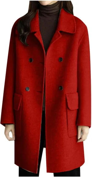 Women Winter Wool Coat with Pocket,Button Lapel Oversized Trench Coats Mid Length Chic Peacoat Windbreaker Jacket