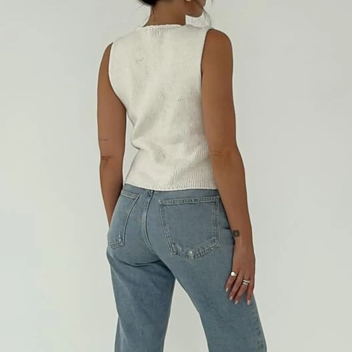 Women Y2k Crochet Vest Top Sleeveless V Neck Knit Crop Tops