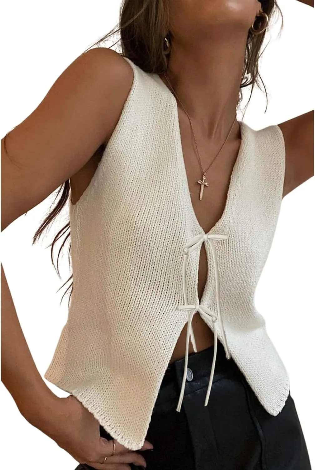Women Y2k Crochet Vest Top Sleeveless V Neck Knit Crop Tops