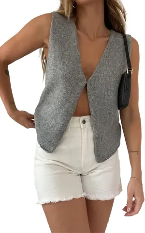 Women Y2k Crochet Vest Top V Neck Sleeveless Button Up Crochet Going Out Tops Solid Color Crop Vest Tops Streetwear