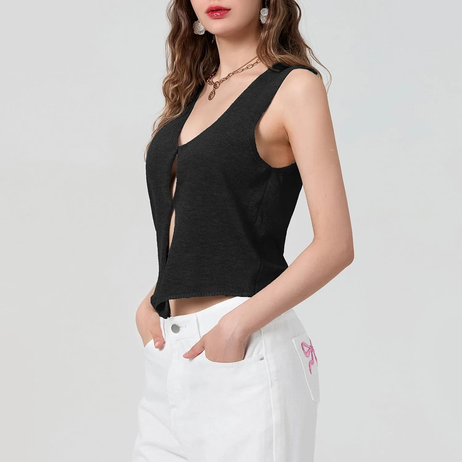 Women Y2k Crochet Vest Top V Neck Sleeveless Button Up Crochet Going Out Tops Solid Color Crop Vest Tops Streetwear