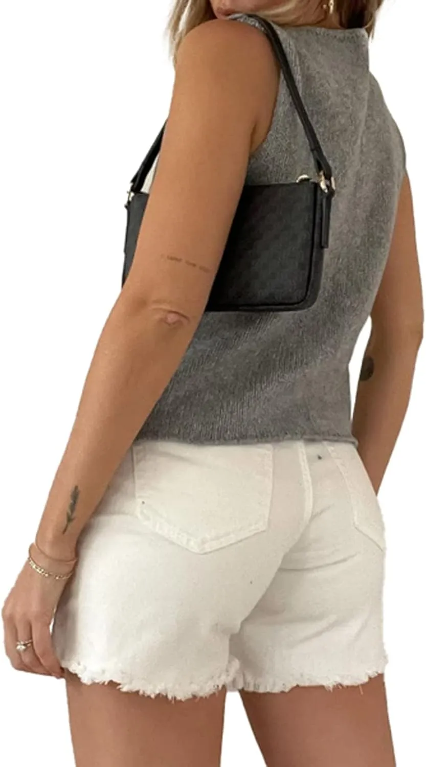 Women Y2k Crochet Vest Top V Neck Sleeveless Button Up Crochet Going Out Tops Solid Color Crop Vest Tops Streetwear