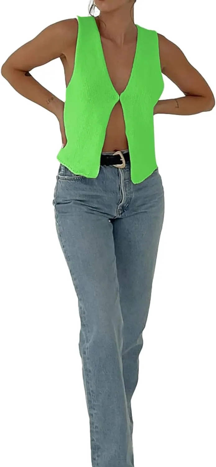 Women Y2k Crochet Vest Top V Neck Sleeveless Button Up Crochet Going Out Tops Solid Color Crop Vest Tops Streetwear