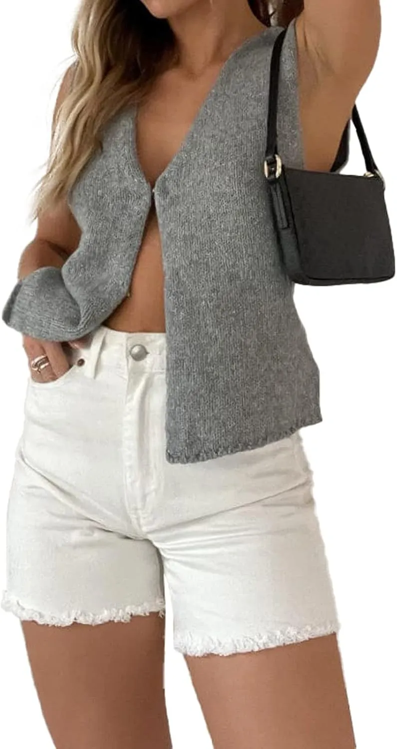 Women Y2k Crochet Vest Top V Neck Sleeveless Button Up Crochet Going Out Tops Solid Color Crop Vest Tops Streetwear