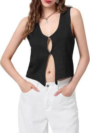 Women Y2k Crochet Vest Top V Neck Sleeveless Button Up Crochet Going Out Tops Solid Color Crop Vest Tops Streetwear