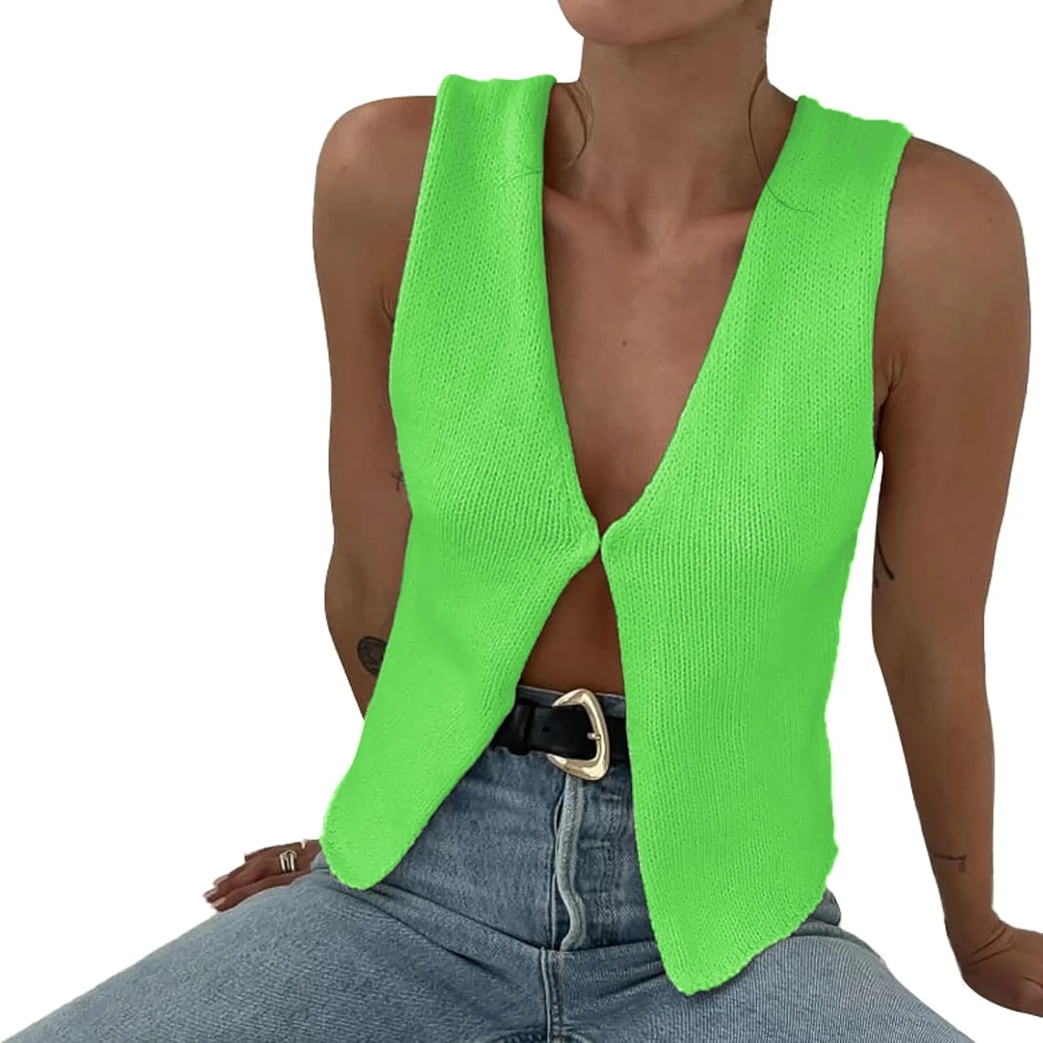 Women Y2k Crochet Vest Top V Neck Sleeveless Button Up Crochet Going Out Tops Solid Color Crop Vest Tops Streetwear