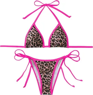 Women's 2 Piece Leopard Bikini Set Cheetah Halter String Triangle Bathing Suits Swimsuit