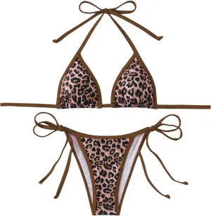 Women's 2 Piece Leopard Bikini Set Cheetah Halter String Triangle Bathing Suits Swimsuit
