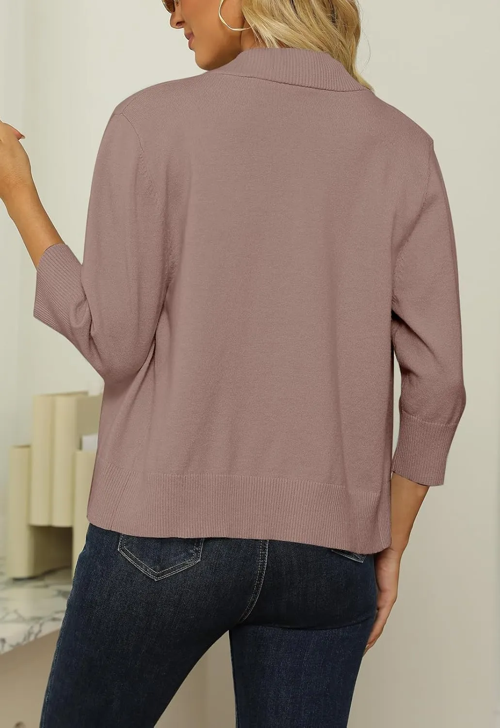 Women's 3/4 Sleeve Cropped Cardigan Sweater Open Front Short Shrugs Cardigans Lightweight Sweaters