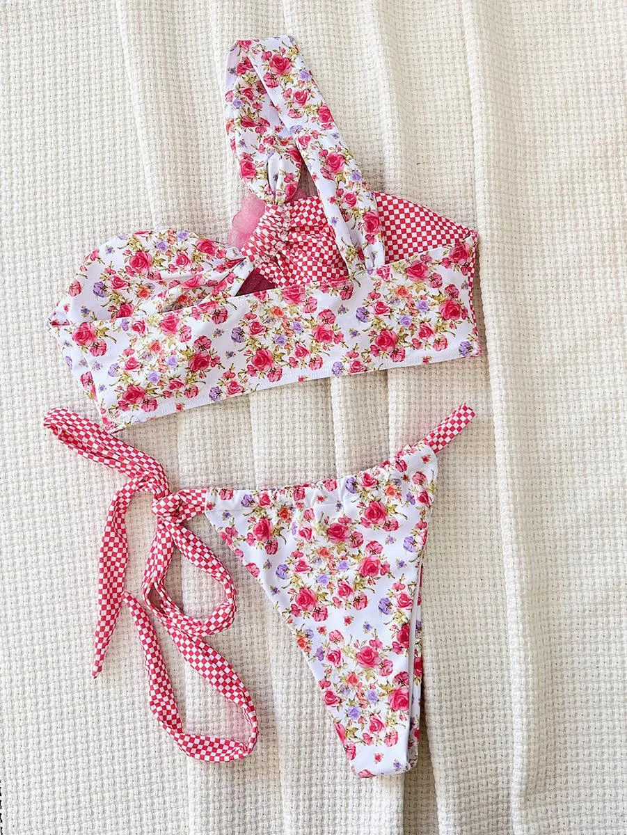 Women's Angled Neckline Bathing Suit - Pink Floral Beachwear