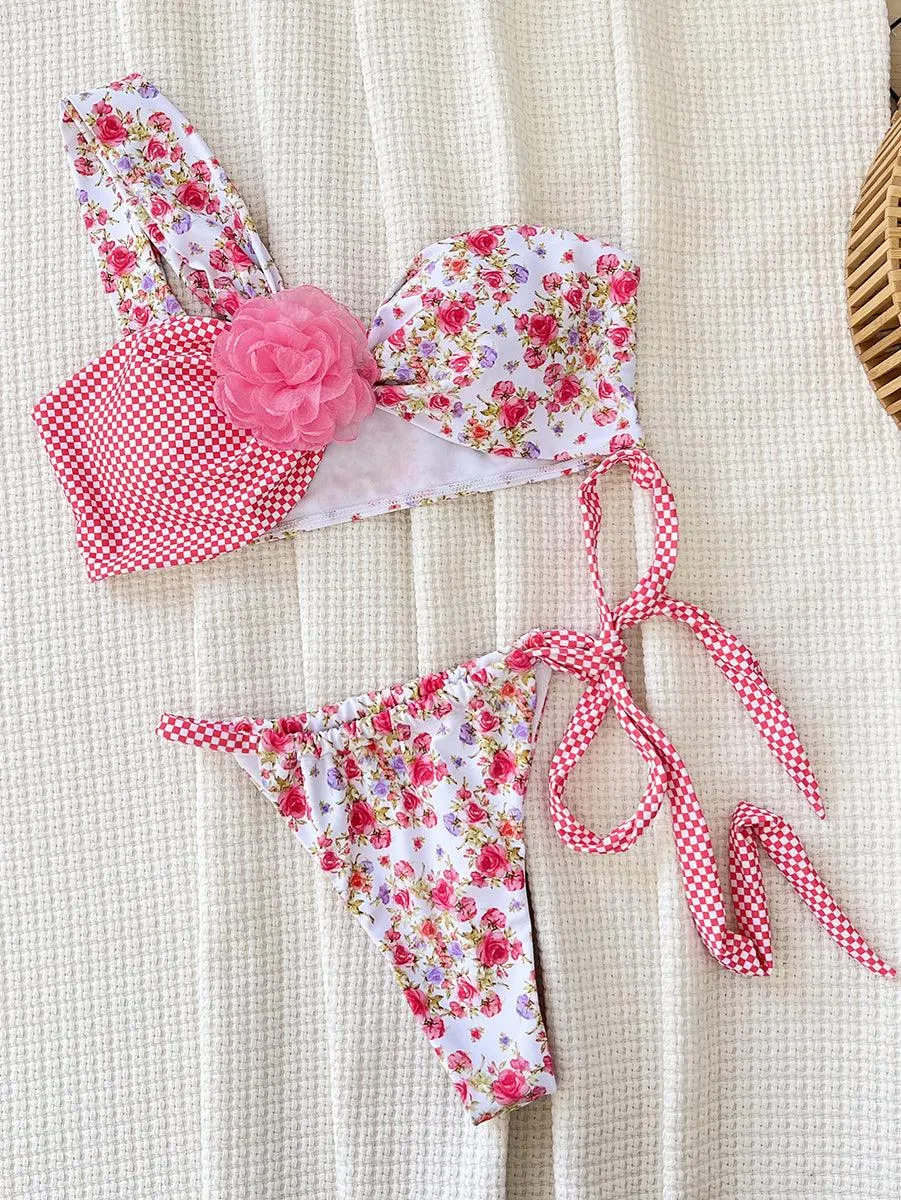 Women's Angled Neckline Bathing Suit - Pink Floral Beachwear