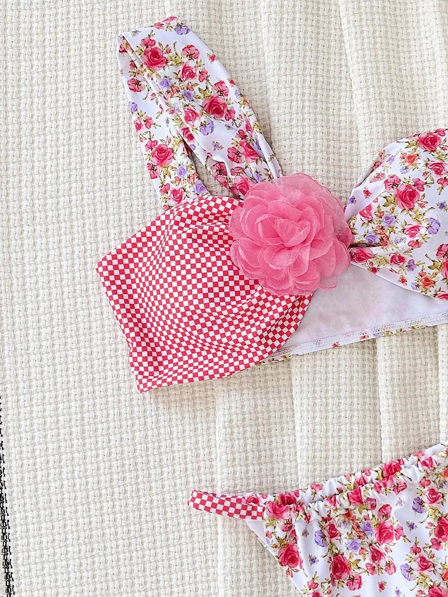 Women's Angled Neckline Bathing Suit - Pink Floral Beachwear