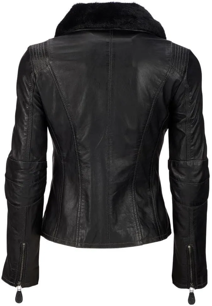 Women's Black Leather Moto Jacket with Fur Collar, Multiple Pockets