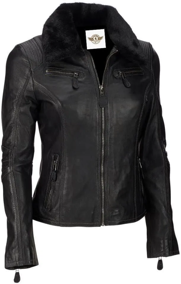 Women's Black Leather Moto Jacket with Fur Collar, Multiple Pockets
