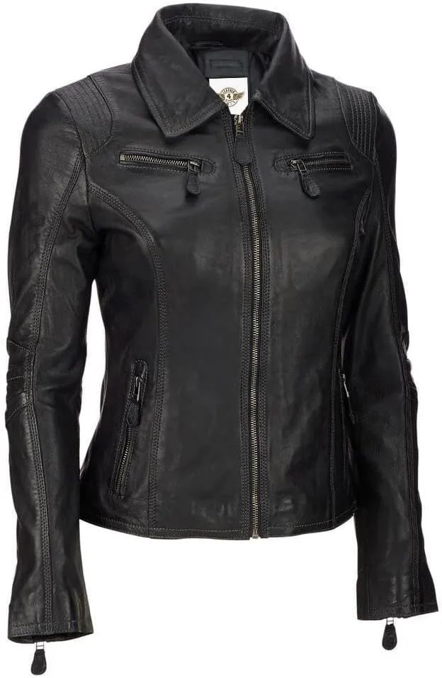 Women's Black Leather Moto Jacket with Fur Collar, Multiple Pockets