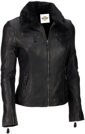 Women's Black Leather Moto Jacket with Fur Collar, Multiple Pockets