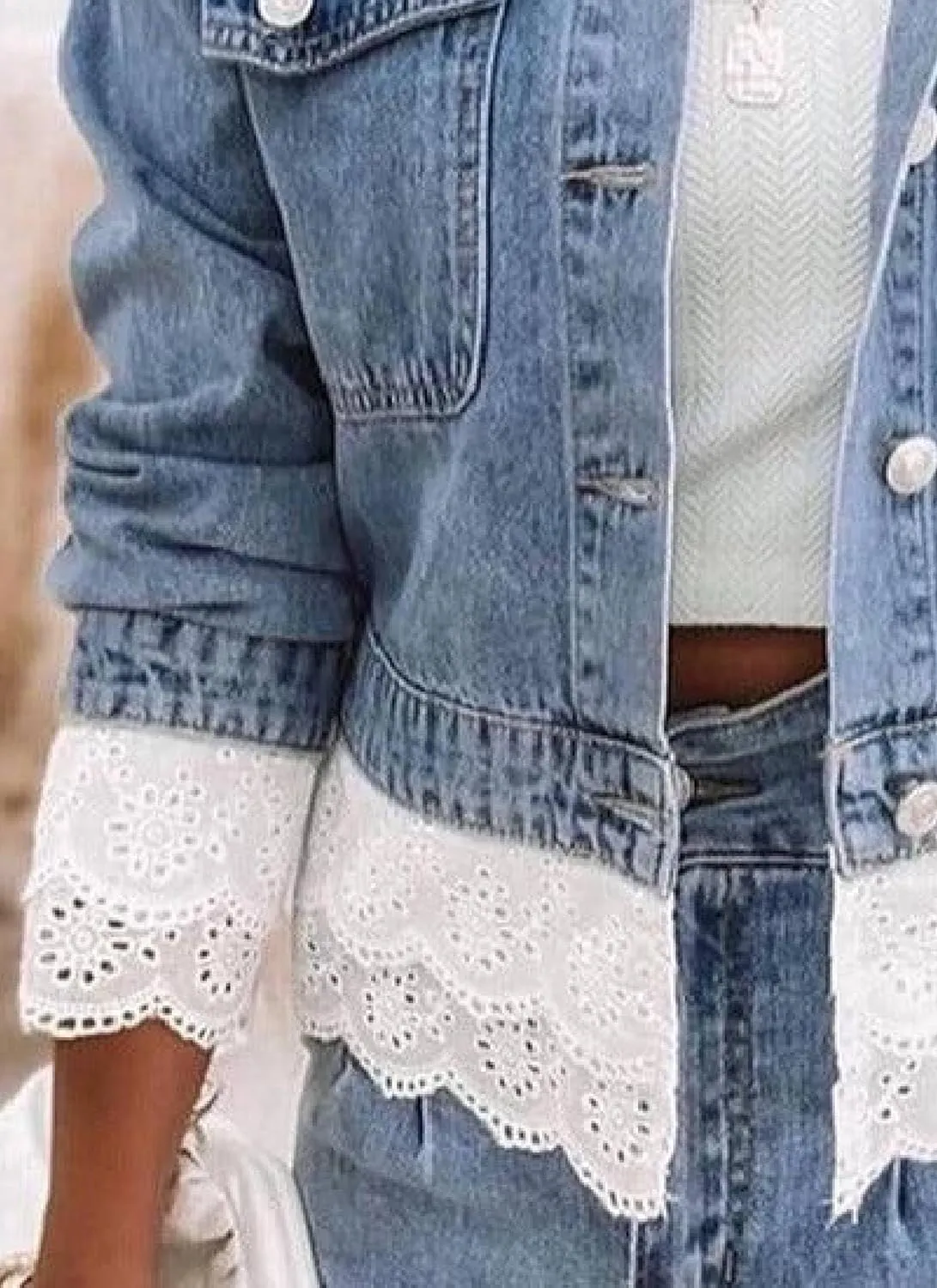 Women's Blue Denim Jacket with White Lace Patchwork 2025 Spring Casual Collared Long Sleeve Stylish Plain Outerwear