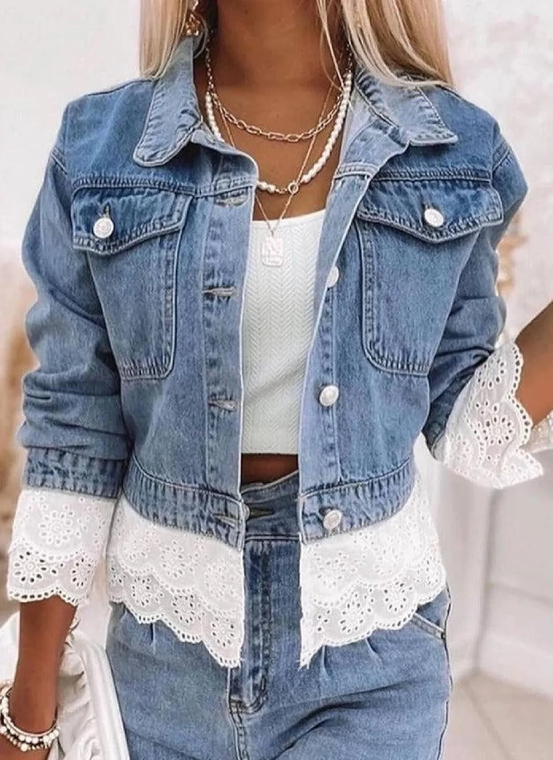 Women's Blue Denim Jacket with White Lace Patchwork 2025 Spring Casual Collared Long Sleeve Stylish Plain Outerwear
