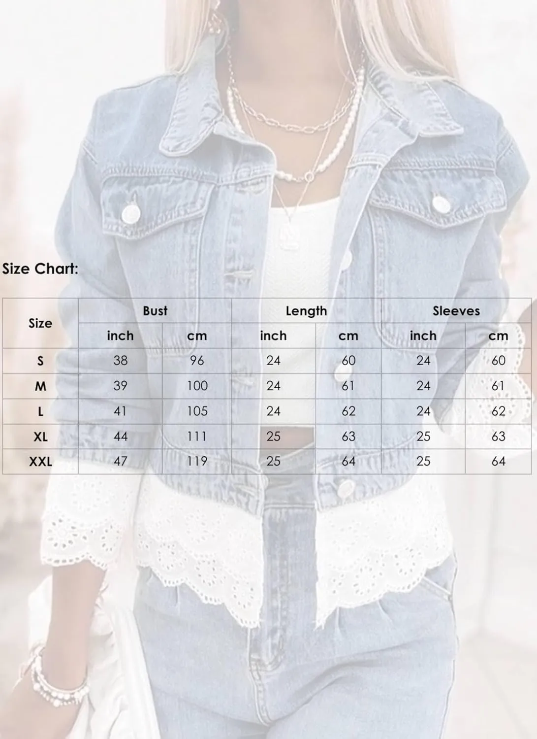 Women's Blue Denim Jacket with White Lace Patchwork 2025 Spring Casual Collared Long Sleeve Stylish Plain Outerwear