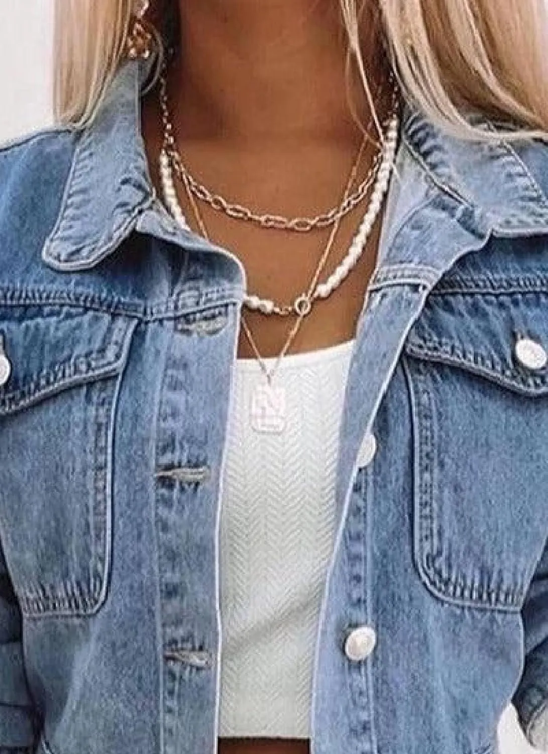 Women's Blue Denim Jacket with White Lace Patchwork 2025 Spring Casual Collared Long Sleeve Stylish Plain Outerwear