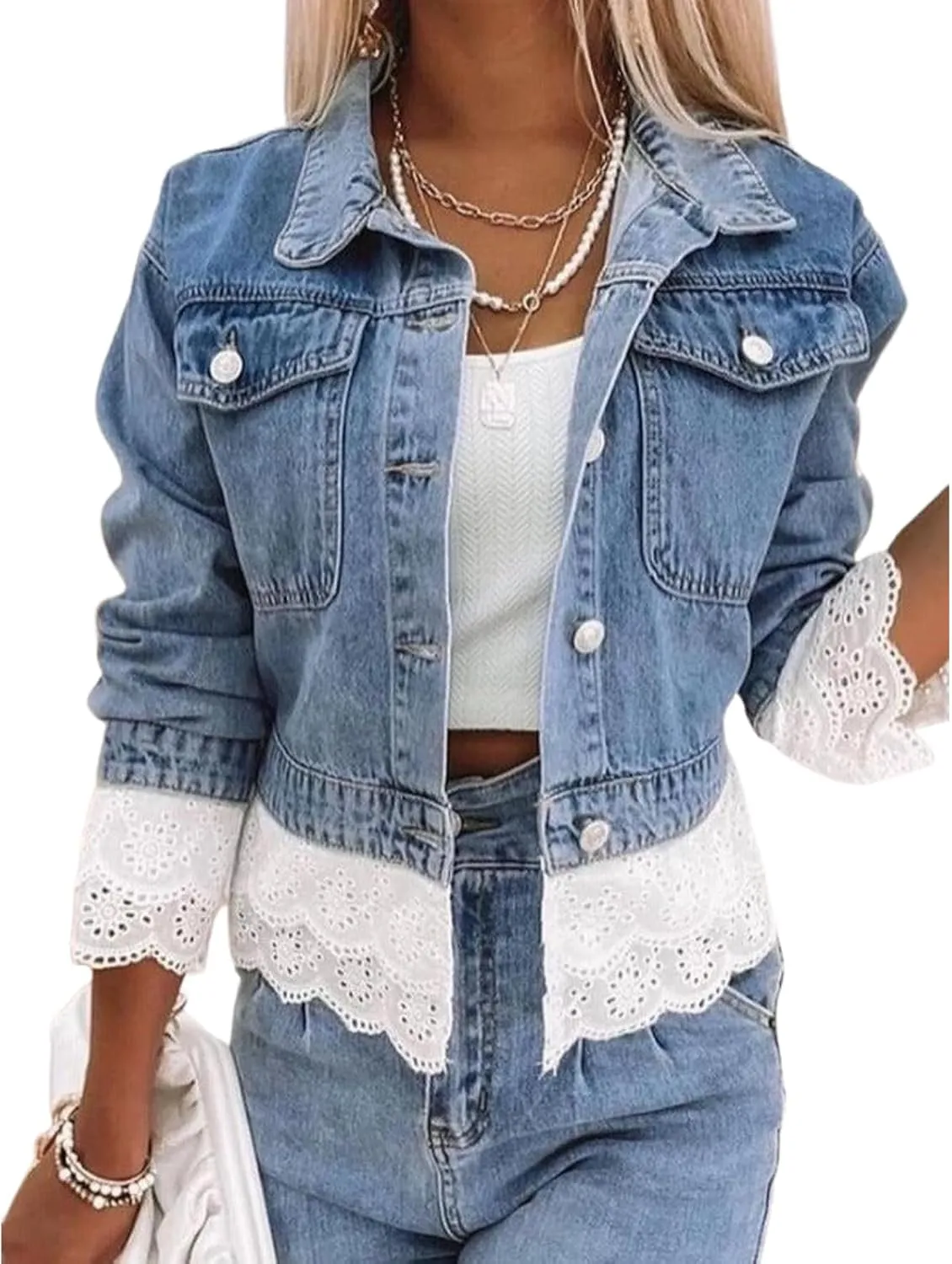 Women's Blue Denim Jacket with White Lace Patchwork 2025 Spring Casual Collared Long Sleeve Stylish Plain Outerwear