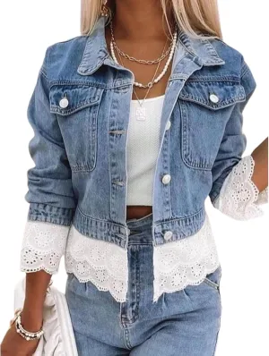 Women's Blue Denim Jacket with White Lace Patchwork 2025 Spring Casual Collared Long Sleeve Stylish Plain Outerwear