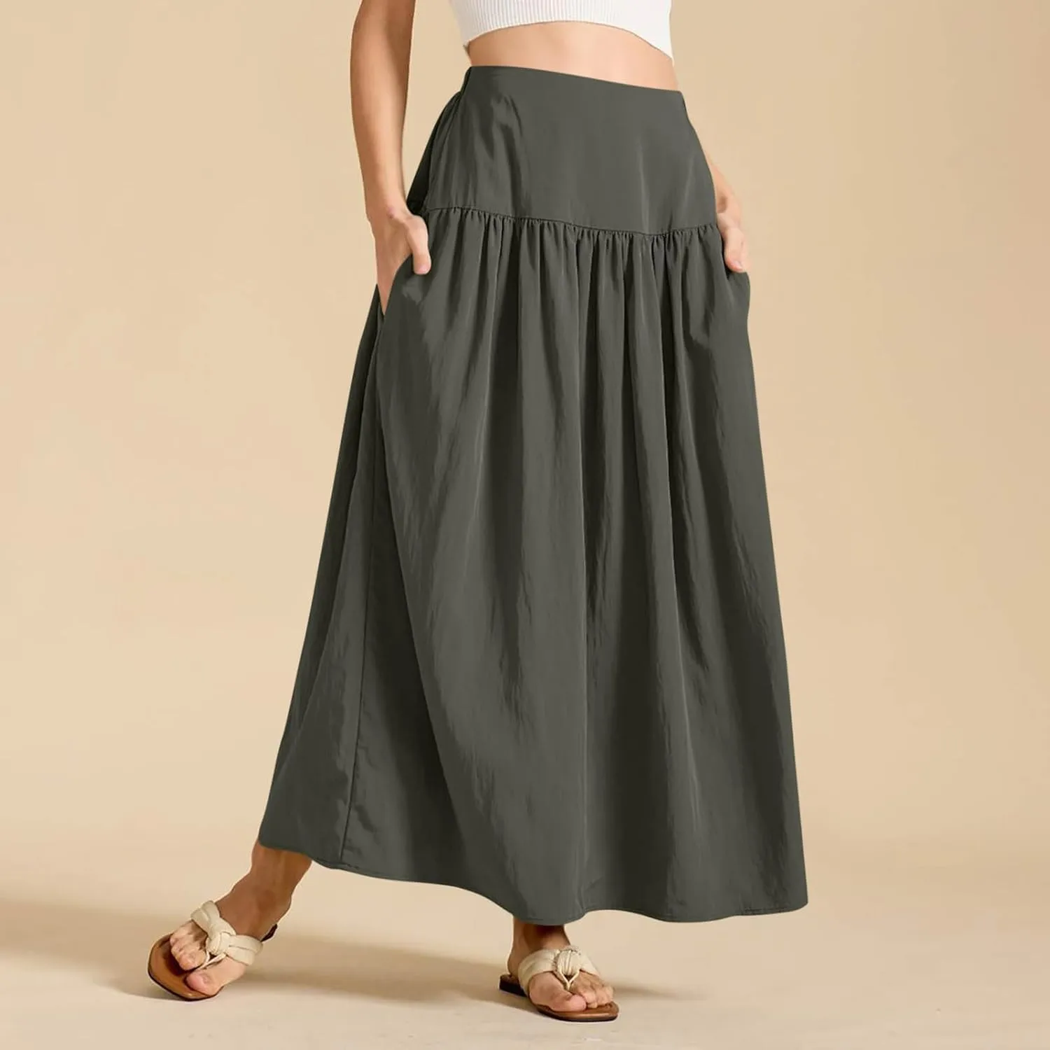 Womens Boho Style Midi Skirts Fashion High Waist Loose Comfy A-Line Swing Skirt Beach Casual Skort Sundress