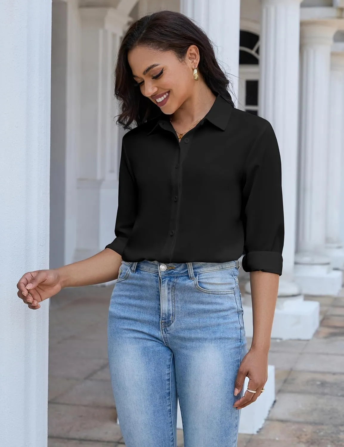 Women's Button Down Shirt Classic Long Sleeve Collared Tops Work Office Chiffon Blouse