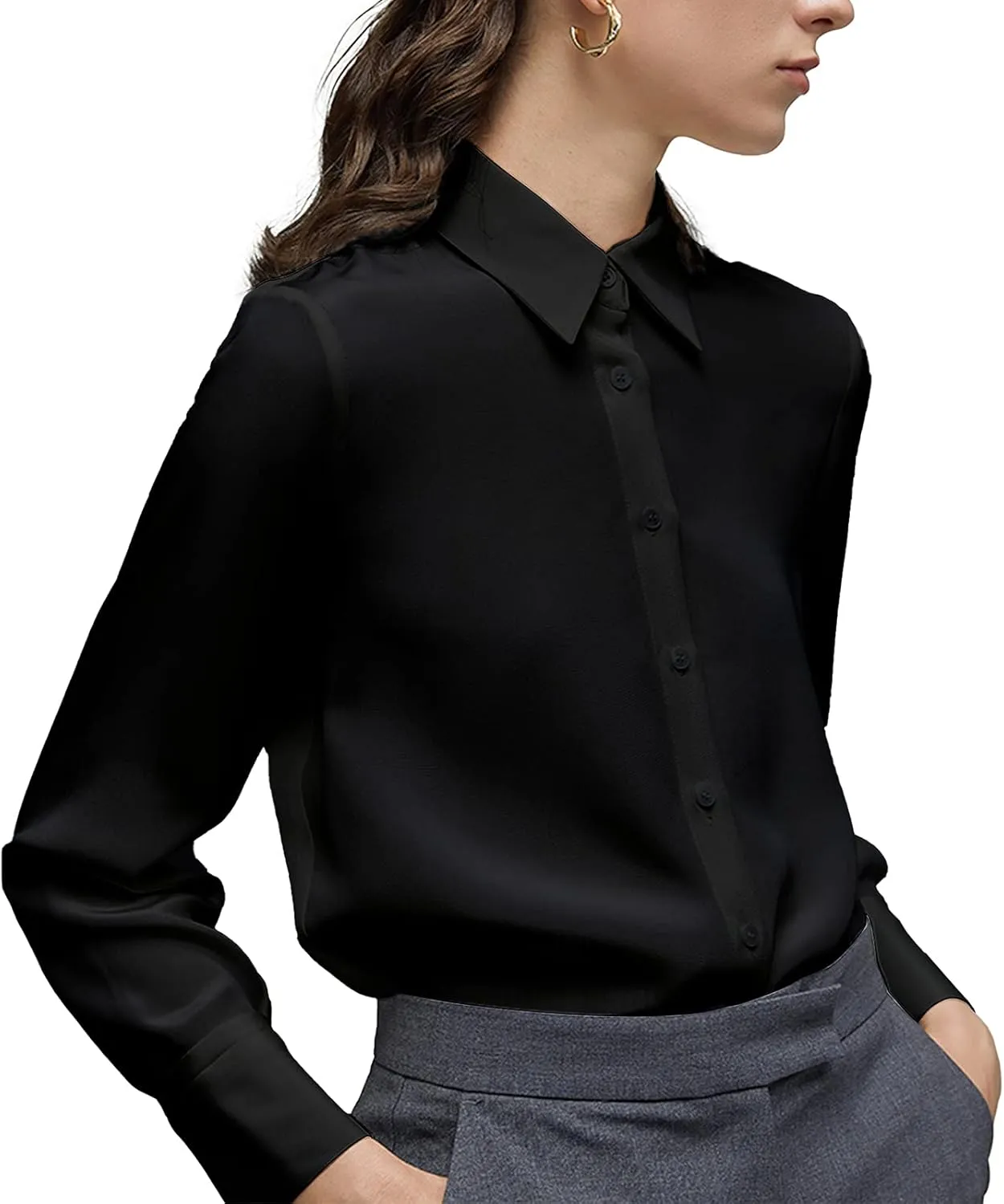Women's Button Down Shirt Classic Long Sleeve Collared Tops Work Office Chiffon Blouse