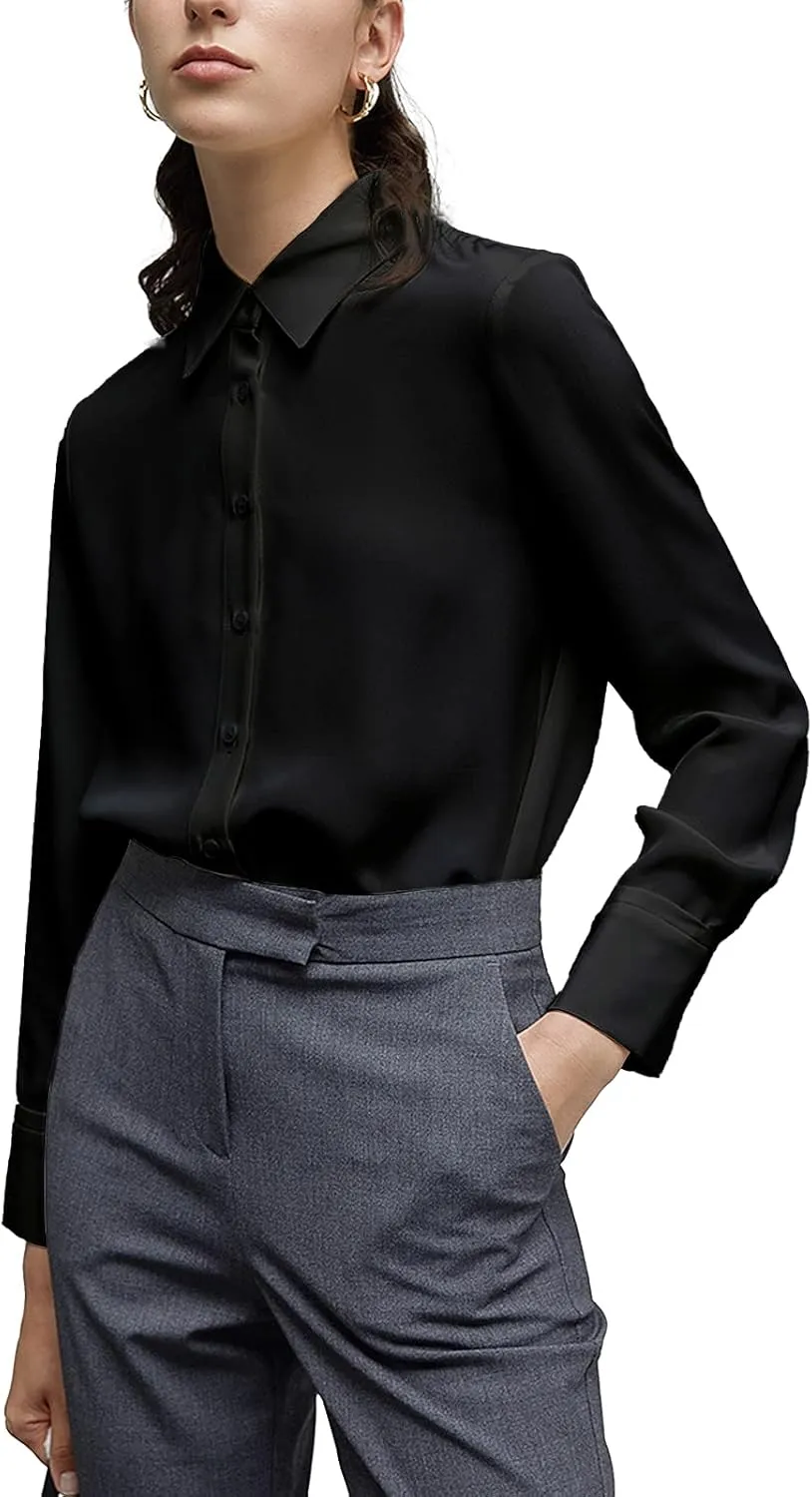 Women's Button Down Shirt Classic Long Sleeve Collared Tops Work Office Chiffon Blouse