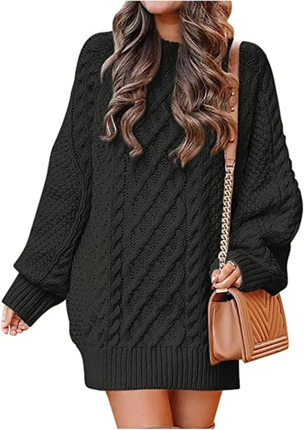 Womens Cable Knit Chunky Sweater Casual Long Sleeve Pullover Tunic Sweater Tops Oversized Trendy Mini Sweater Dress