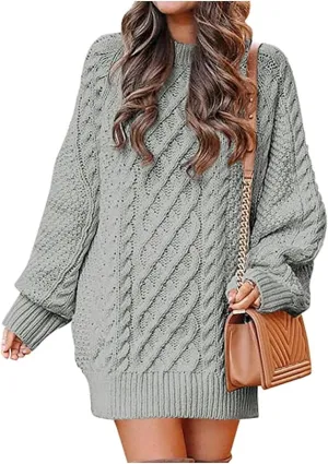 Womens Cable Knit Chunky Sweater Casual Long Sleeve Pullover Tunic Sweater Tops Oversized Trendy Mini Sweater Dress