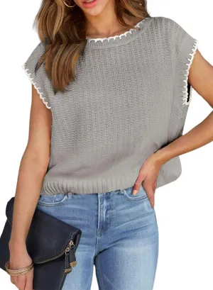 Womens Cap Sleeve Sweater Vest Casual Crew Neck Loose Knitwear Lightweight Sweater Pullover Tops