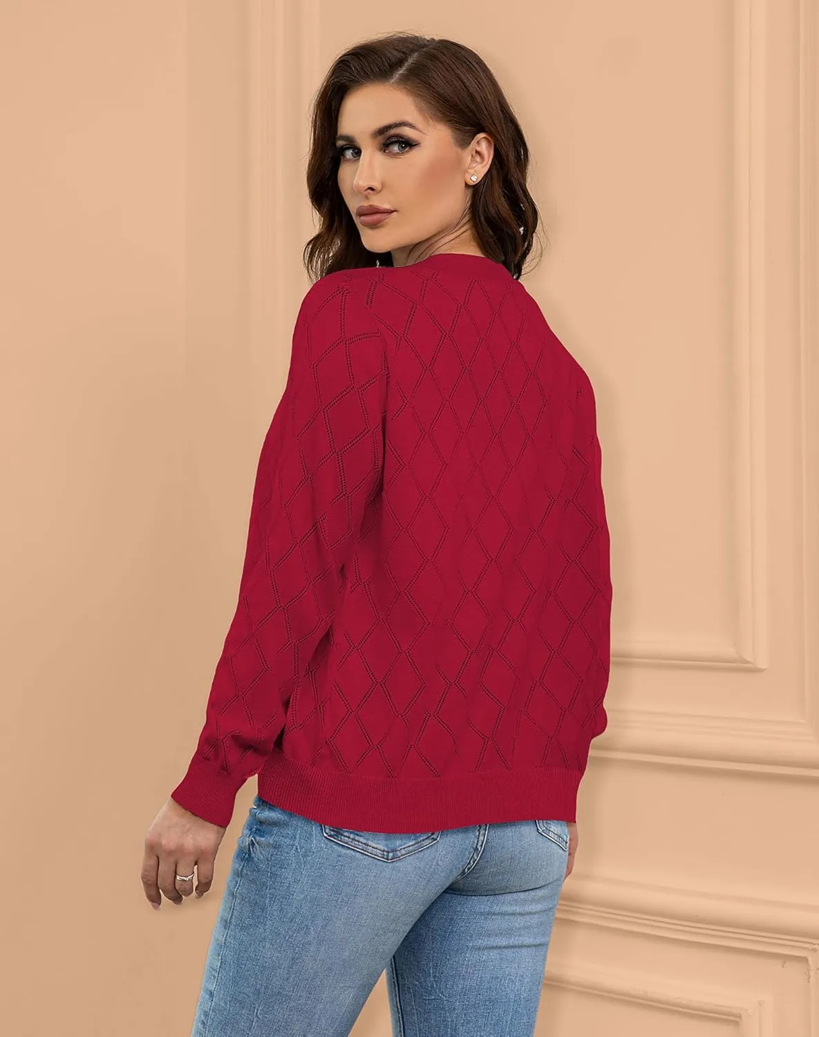 Women's Cardigan Sweaters Lightweight Open Front Long Sleeve Hollow Out (S-2X)