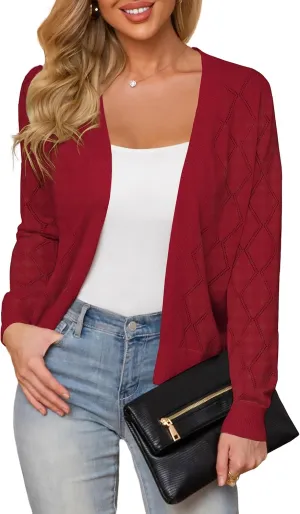 Women's Cardigan Sweaters Lightweight Open Front Long Sleeve Hollow Out (S-2X)