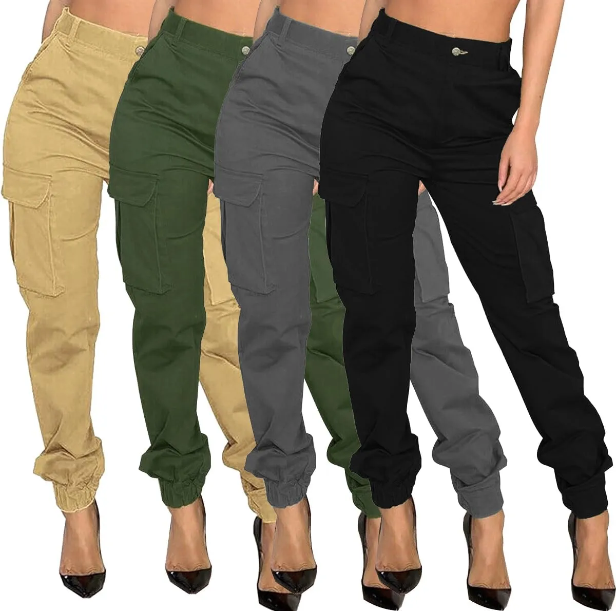 Women's Cargo Hiking Pants Casual Athletic Long Work Trousers with Multiple Pockets Solid Color Outdoor Pants